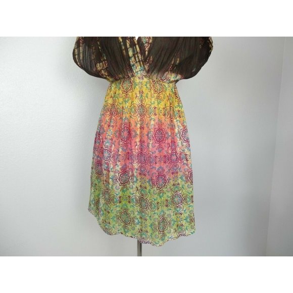 Etc Womens Dress Top L Short Sleeve Sheer Floral Brown Yello Pink Green NWT - Picture 4 of 10
